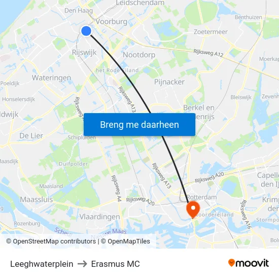 Leeghwaterplein to Erasmus MC map