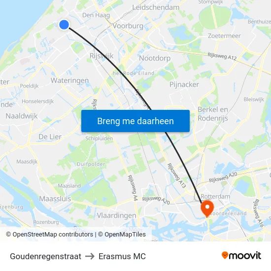 Goudenregenstraat to Erasmus MC map
