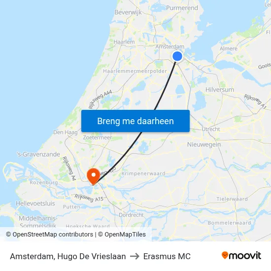 Amsterdam, Hugo De Vrieslaan to Erasmus MC map