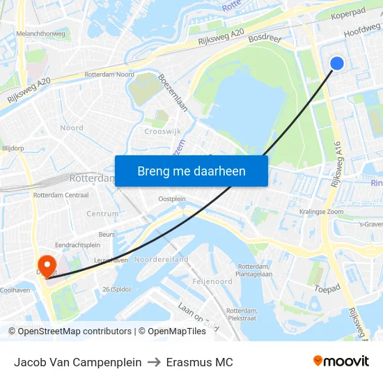 Jacob Van Campenplein to Erasmus MC map