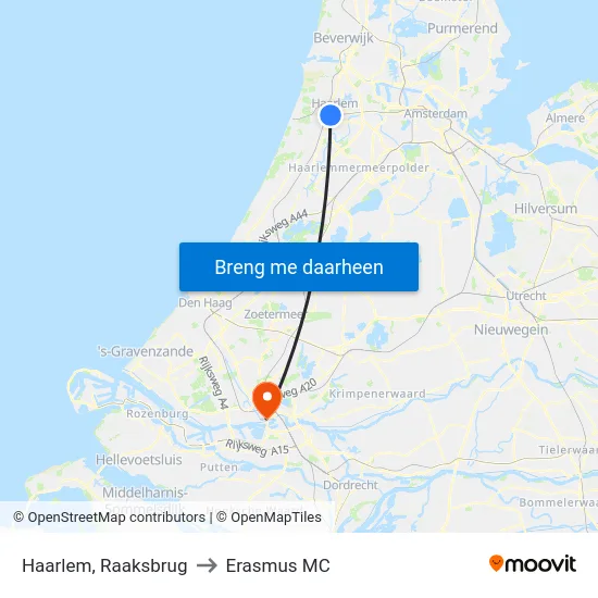 Haarlem, Raaksbrug to Erasmus MC map