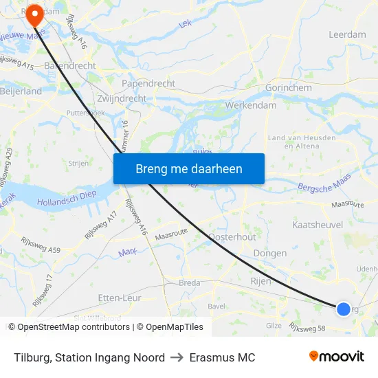 Tilburg, Station Ingang Noord to Erasmus MC map