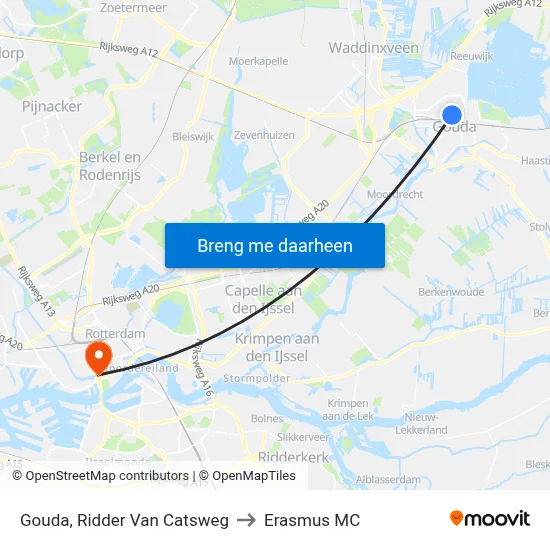 Gouda, Ridder Van Catsweg to Erasmus MC map