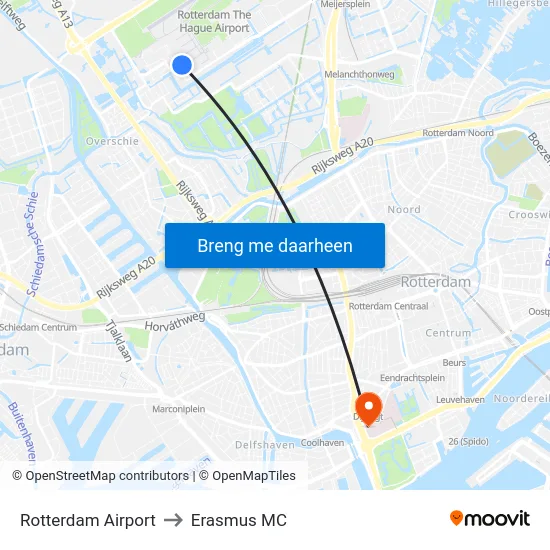Rotterdam Airport to Erasmus MC map