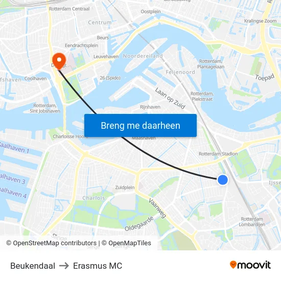 Beukendaal to Erasmus MC map