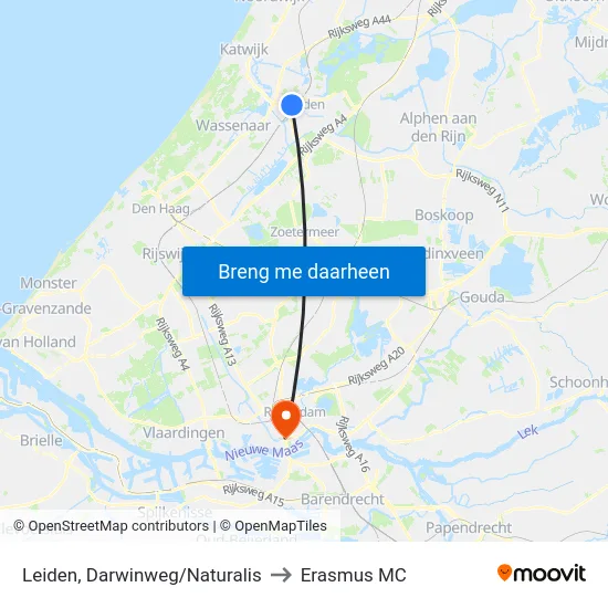 Leiden, Darwinweg/Naturalis to Erasmus MC map