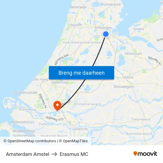 Amsterdam Amstel to Erasmus MC map