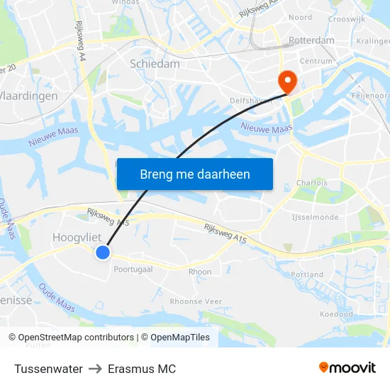 Tussenwater to Erasmus MC map