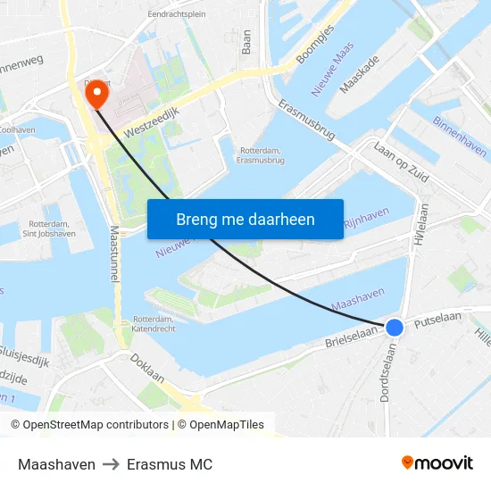 Maashaven to Erasmus MC map