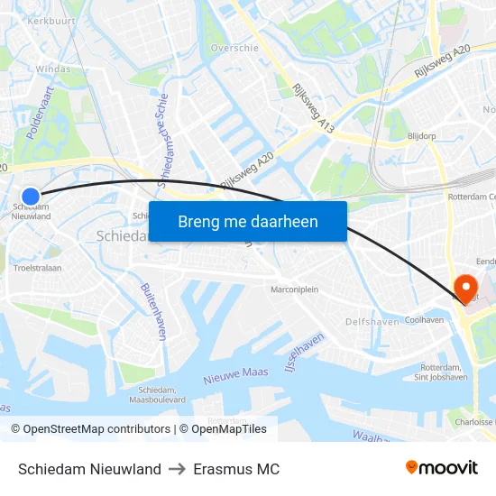 Schiedam Nieuwland to Erasmus MC map