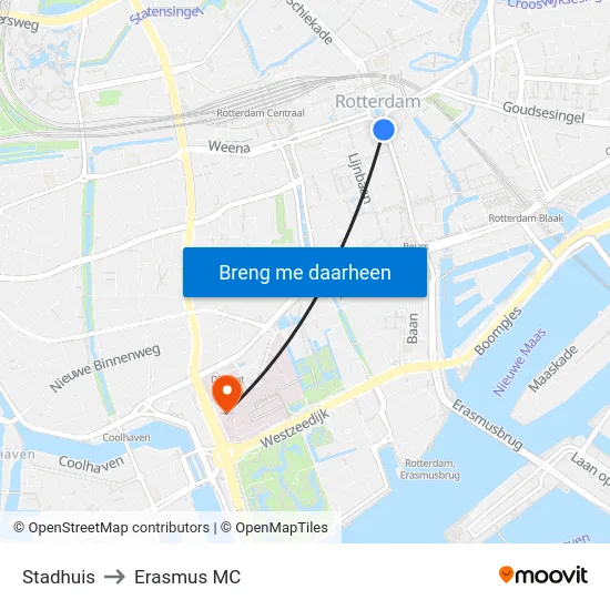 Stadhuis to Erasmus MC map