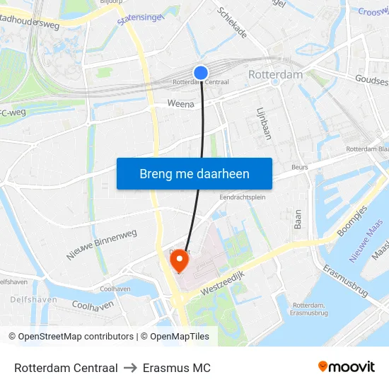 Rotterdam Centraal to Erasmus MC map