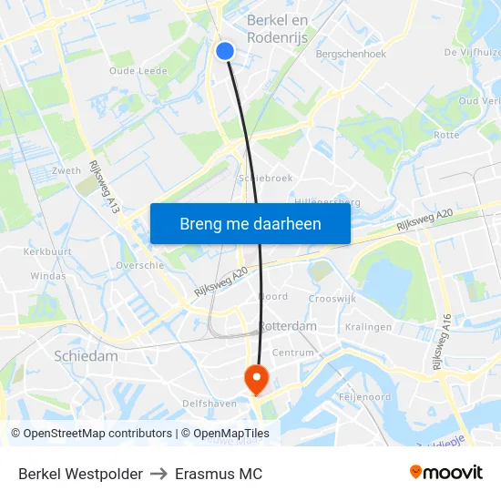 Berkel Westpolder to Erasmus MC map
