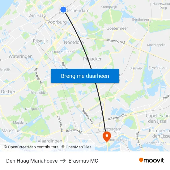 Den Haag Mariahoeve to Erasmus MC map