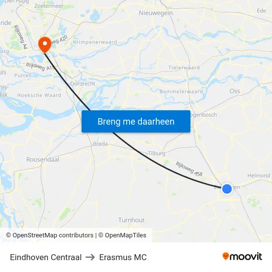 Eindhoven Centraal to Erasmus MC map