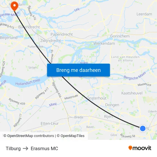 Tilburg to Erasmus MC map