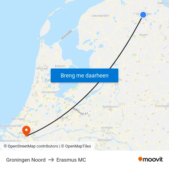 Groningen Noord to Erasmus MC map