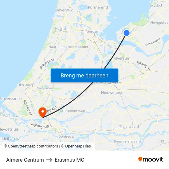 Almere Centrum to Erasmus MC map