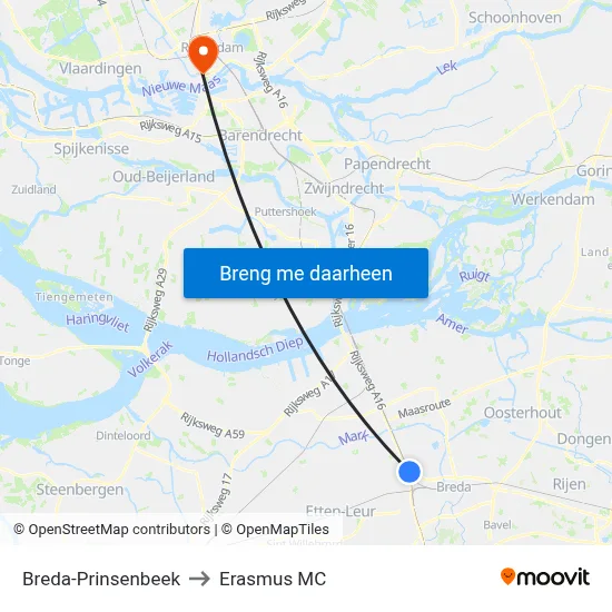 Breda-Prinsenbeek to Erasmus MC map