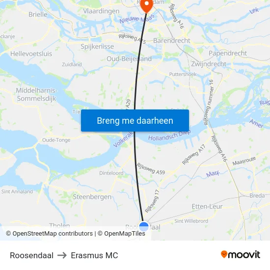 Roosendaal to Erasmus MC map