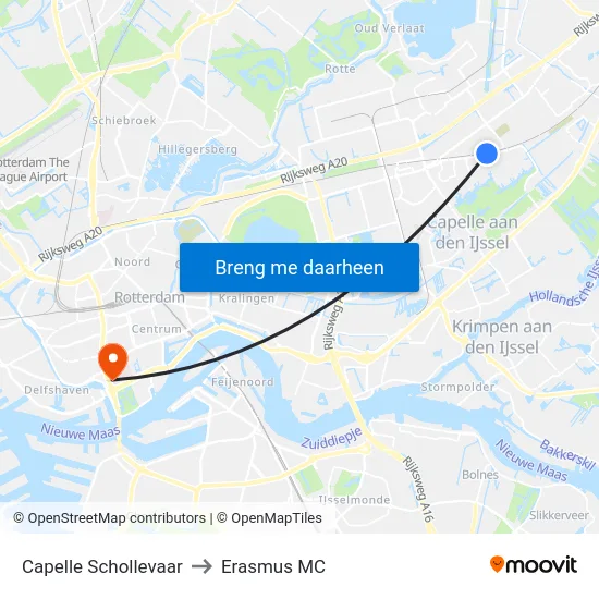 Capelle Schollevaar to Erasmus MC map