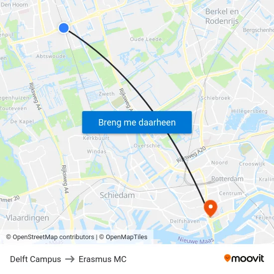 Delft Campus to Erasmus MC map