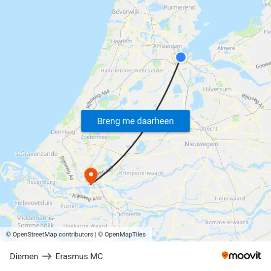 Diemen to Erasmus MC map
