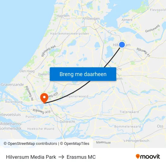 Hilversum Media Park to Erasmus MC map