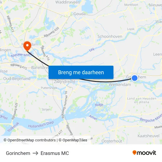 Gorinchem to Erasmus MC map