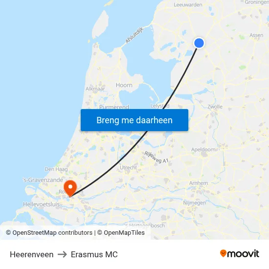 Heerenveen to Erasmus MC map
