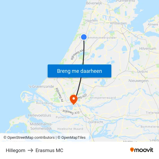 Hillegom to Erasmus MC map
