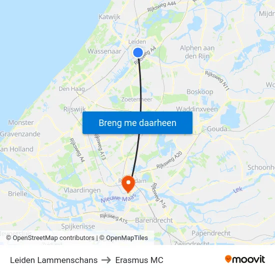 Leiden Lammenschans to Erasmus MC map