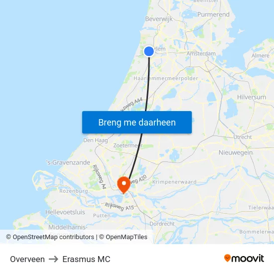Overveen to Erasmus MC map