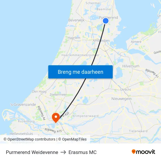 Purmerend Weidevenne to Erasmus MC map