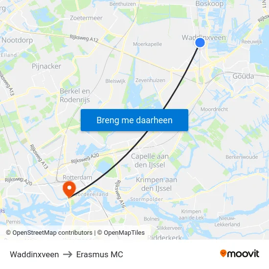 Waddinxveen to Erasmus MC map