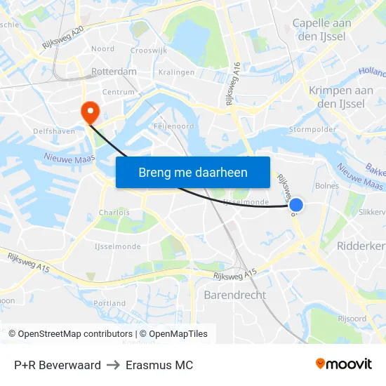 P+R Beverwaard to Erasmus MC map