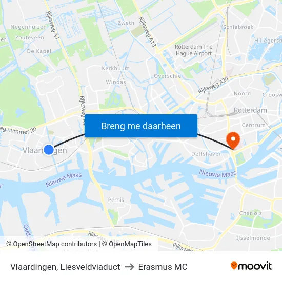 Vlaardingen, Liesveldviaduct to Erasmus MC map