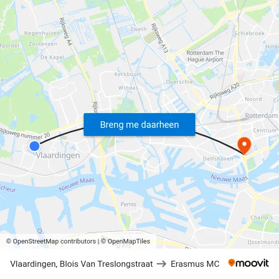 Vlaardingen, Blois Van Treslongstraat to Erasmus MC map