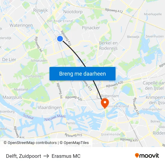 Delft, Zuidpoort to Erasmus MC map