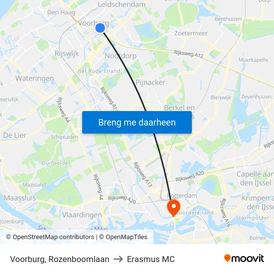Voorburg, Rozenboomlaan to Erasmus MC map
