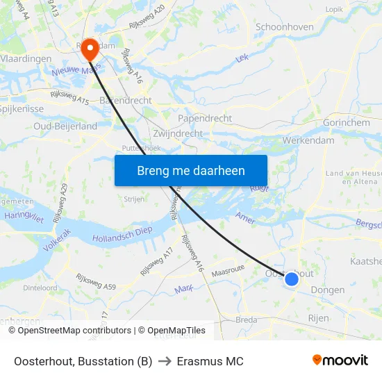 Oosterhout, Busstation (B) to Erasmus MC map