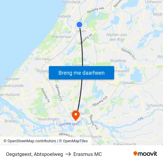 Oegstgeest, Abtspoelweg to Erasmus MC map
