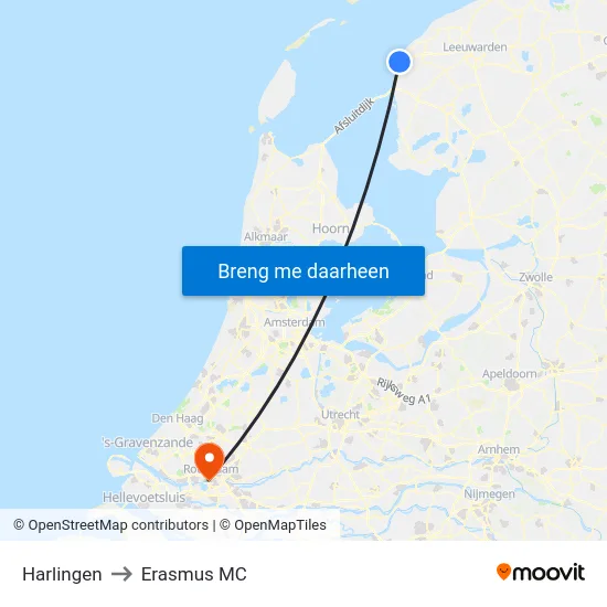 Harlingen to Erasmus MC map