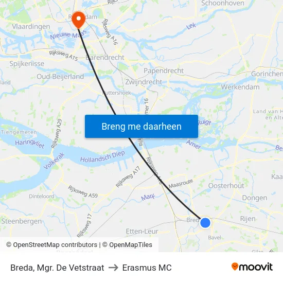 Breda, Mgr. De Vetstraat to Erasmus MC map