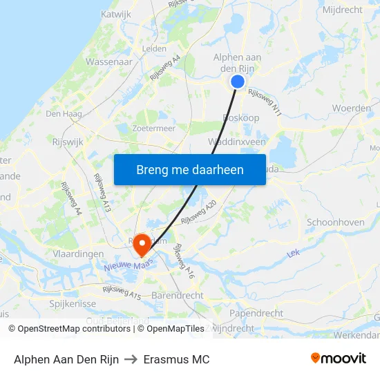 Alphen Aan Den Rijn to Erasmus MC map