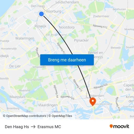 Den Haag Hs to Erasmus MC map