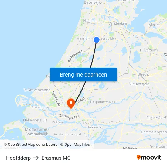 Hoofddorp to Erasmus MC map
