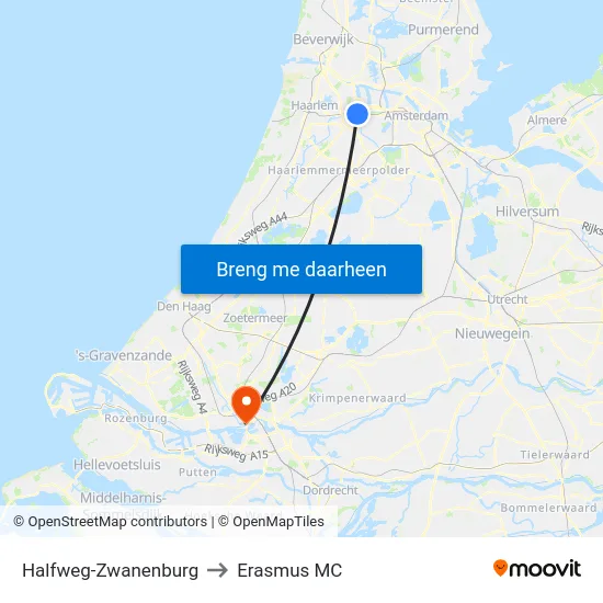Halfweg-Zwanenburg to Erasmus MC map