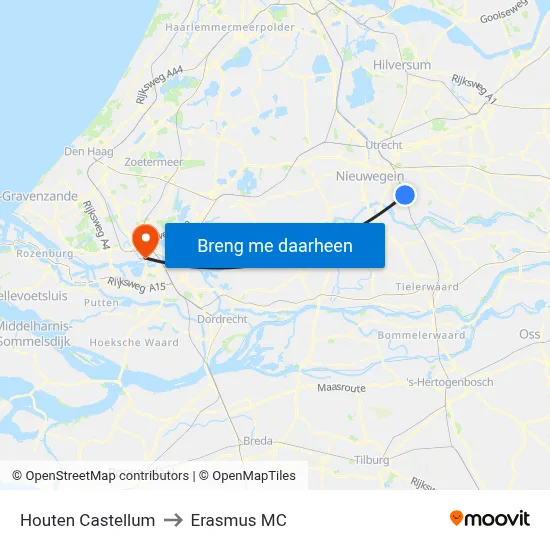 Houten Castellum to Erasmus MC map