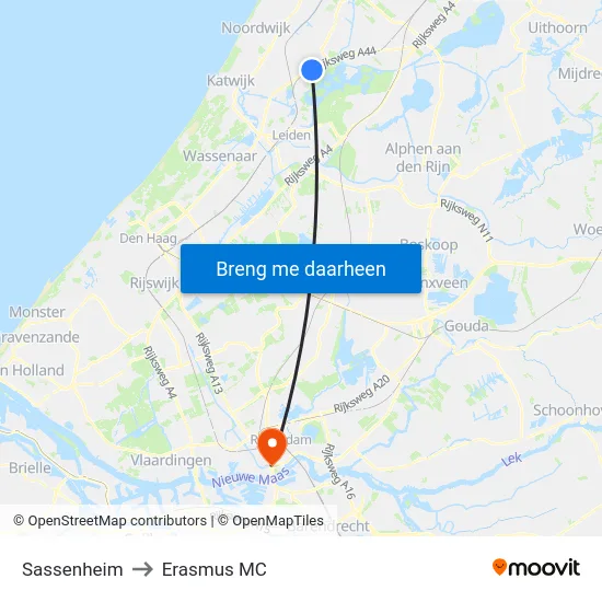 Sassenheim to Erasmus MC map